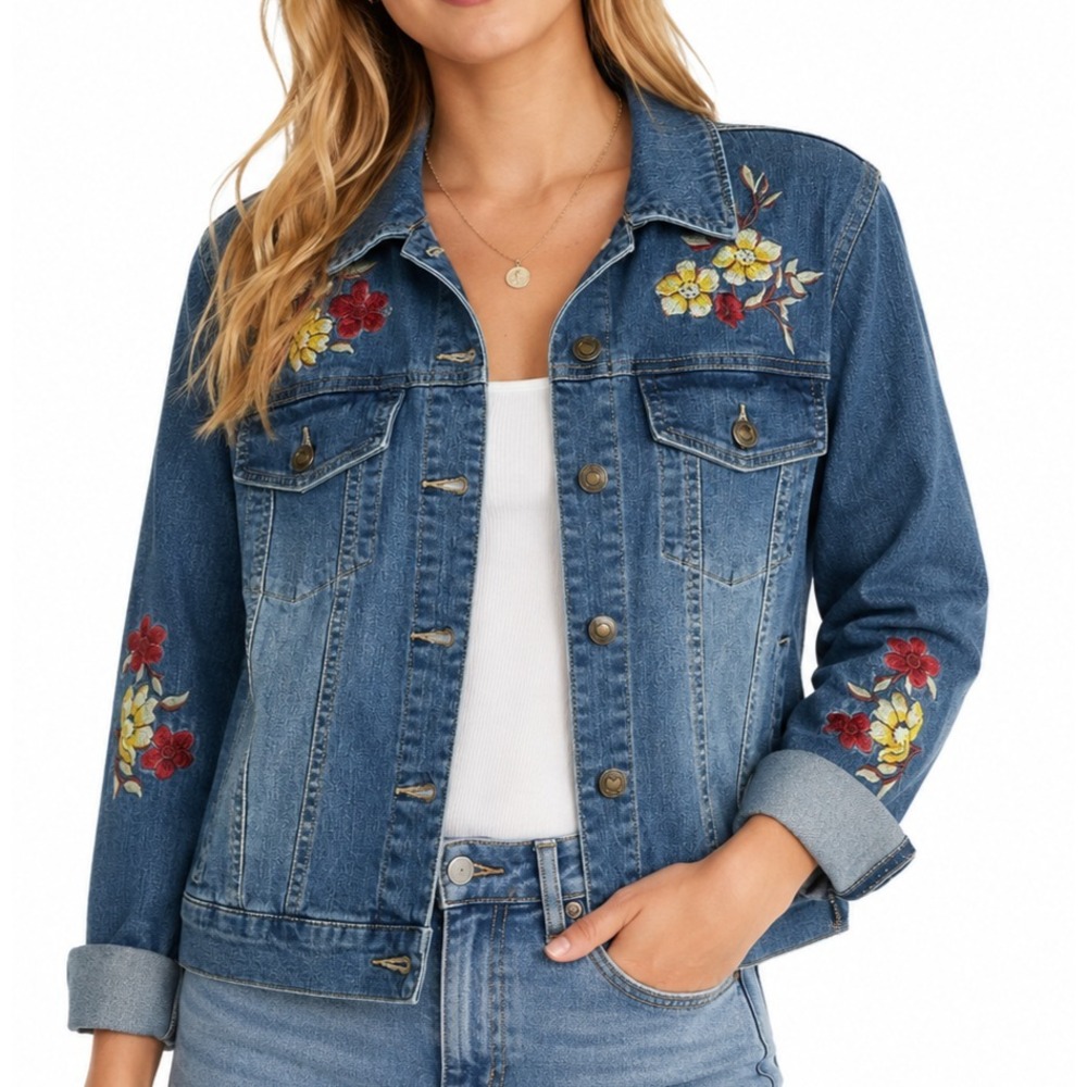 Women Within Size 12W Boho Floral Embroidered Denim Jacket Western Rodeo Style